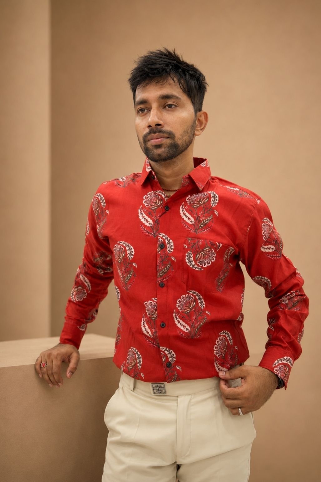 Men’s Printed Casual Shirt (Red)