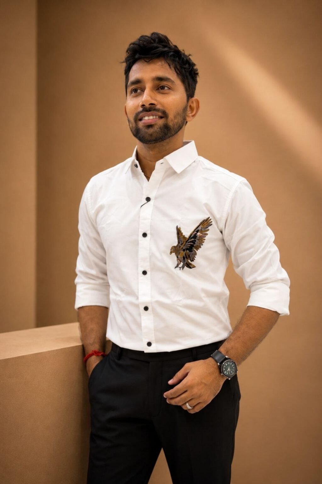 Men's Casual Shirt with Embroidered Patch (White)
