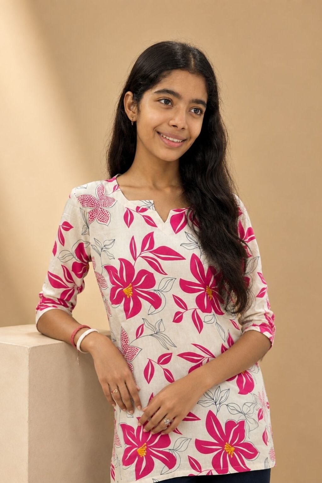Girls Floral Printed Kurti (White & Pink)