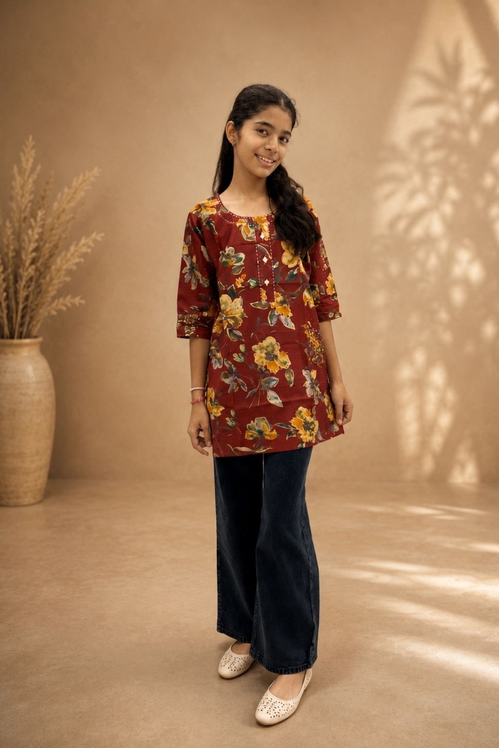 Girls Floral Printed Kurti (Maroon)