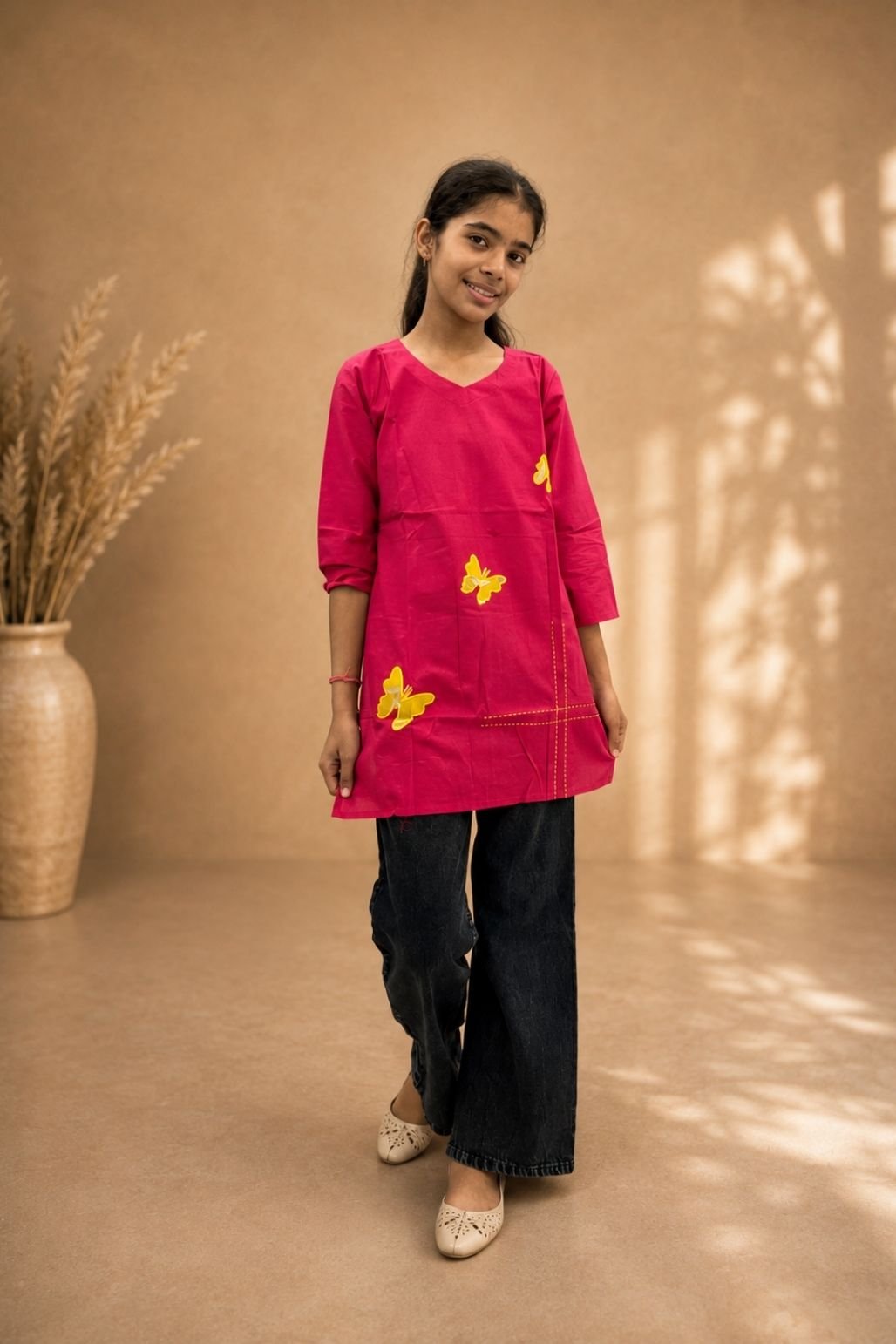 Girls Embroidered Kurti (Dark Pink)