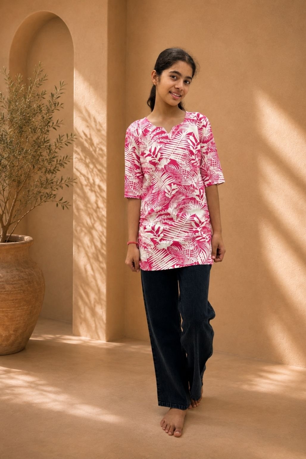 Girls Printed Kurti (Pink)