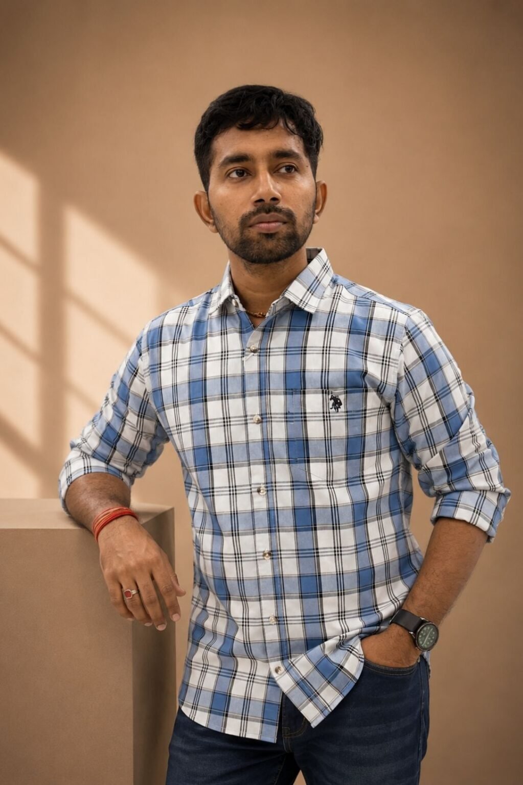 Men's Checked Printed Casual Shirt (White)