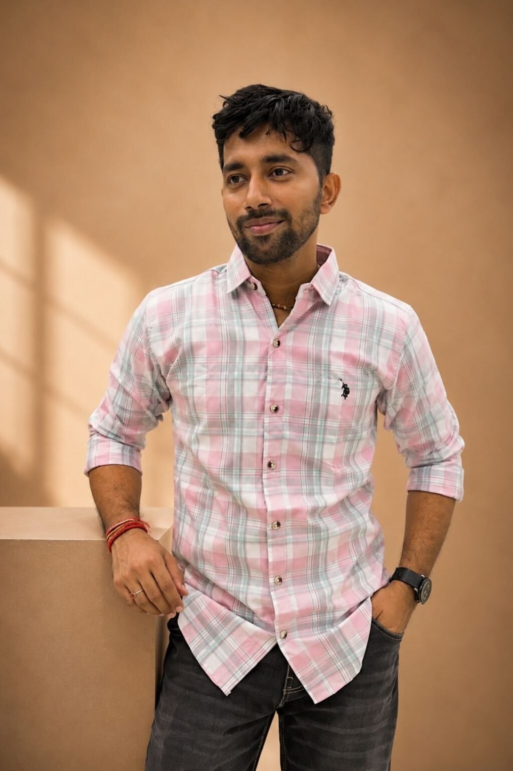 Men's Checks casual shirt (Pink)