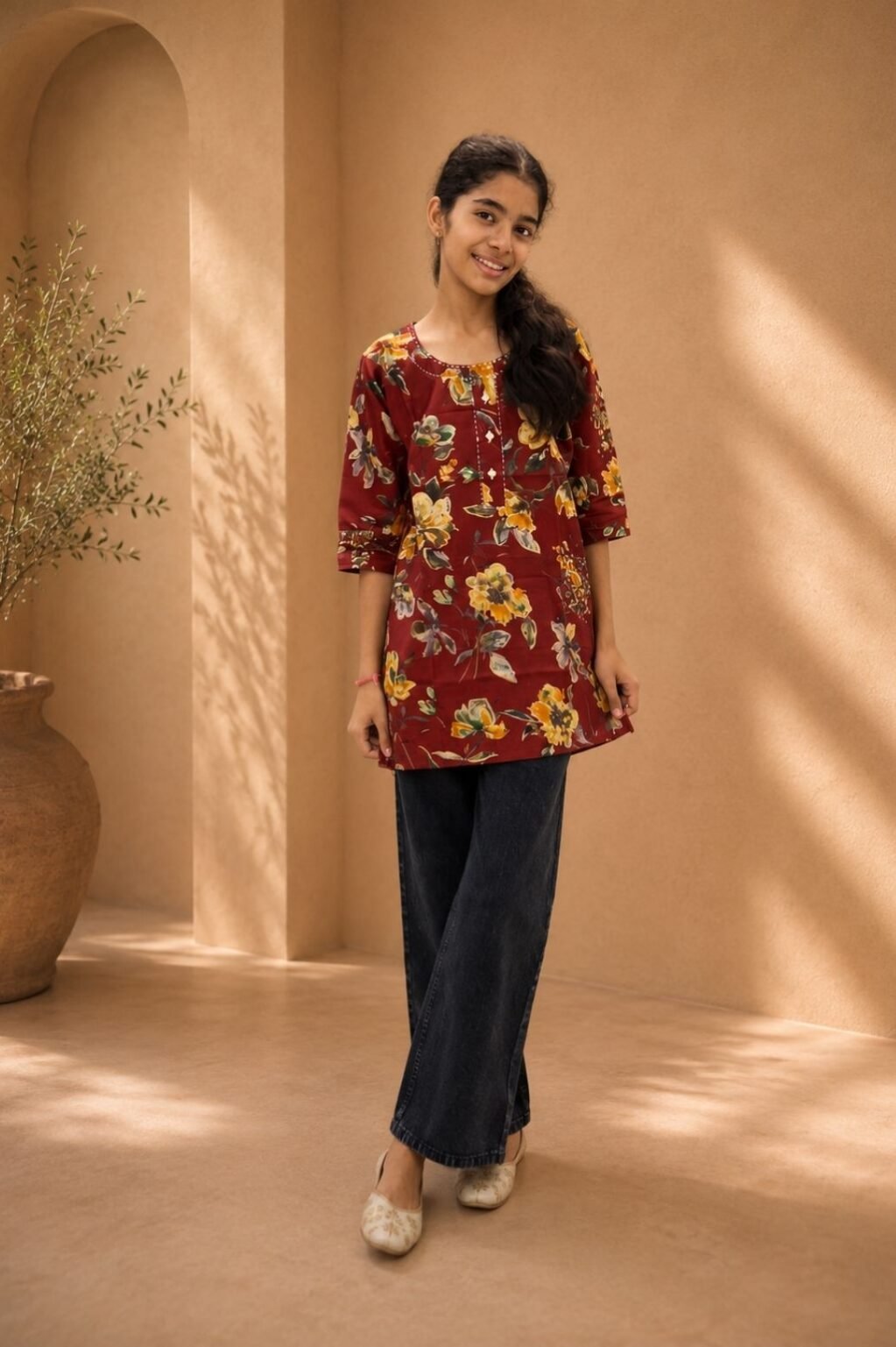 Girls Embroidered Kurti (Cream)