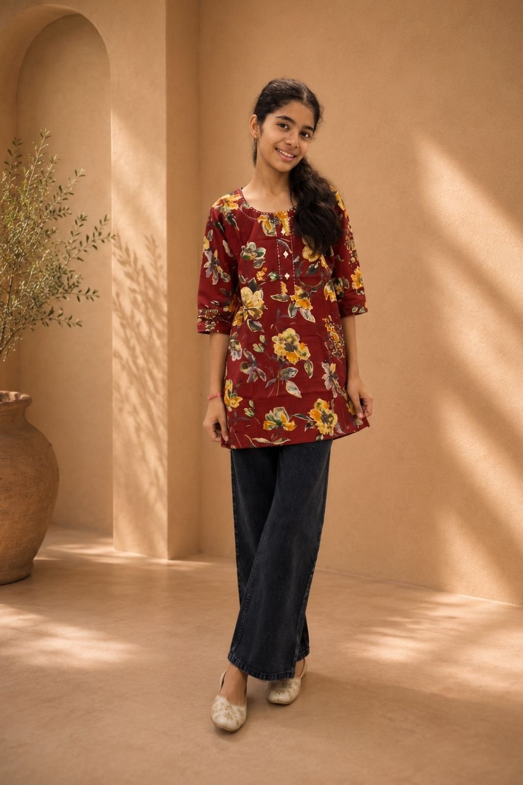 Girls Embroidered Kurti (Cream)