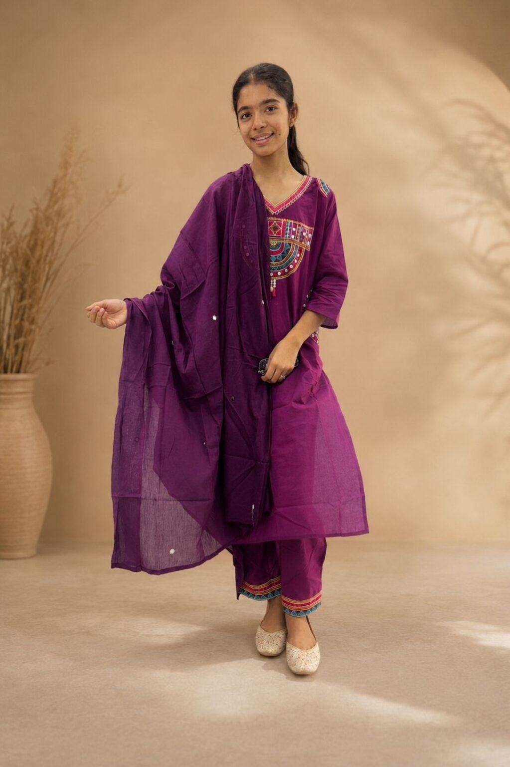 Girls Neck Printed Kurti set (Wine)