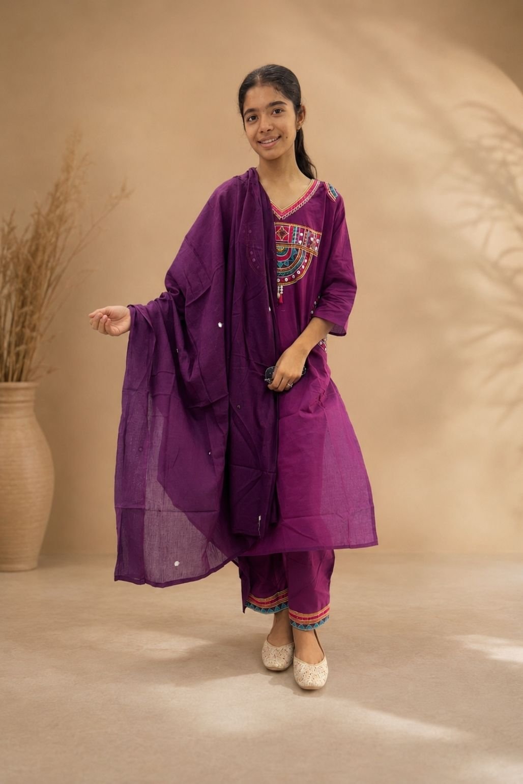 Girls Neck Printed Kurti set (Wine)