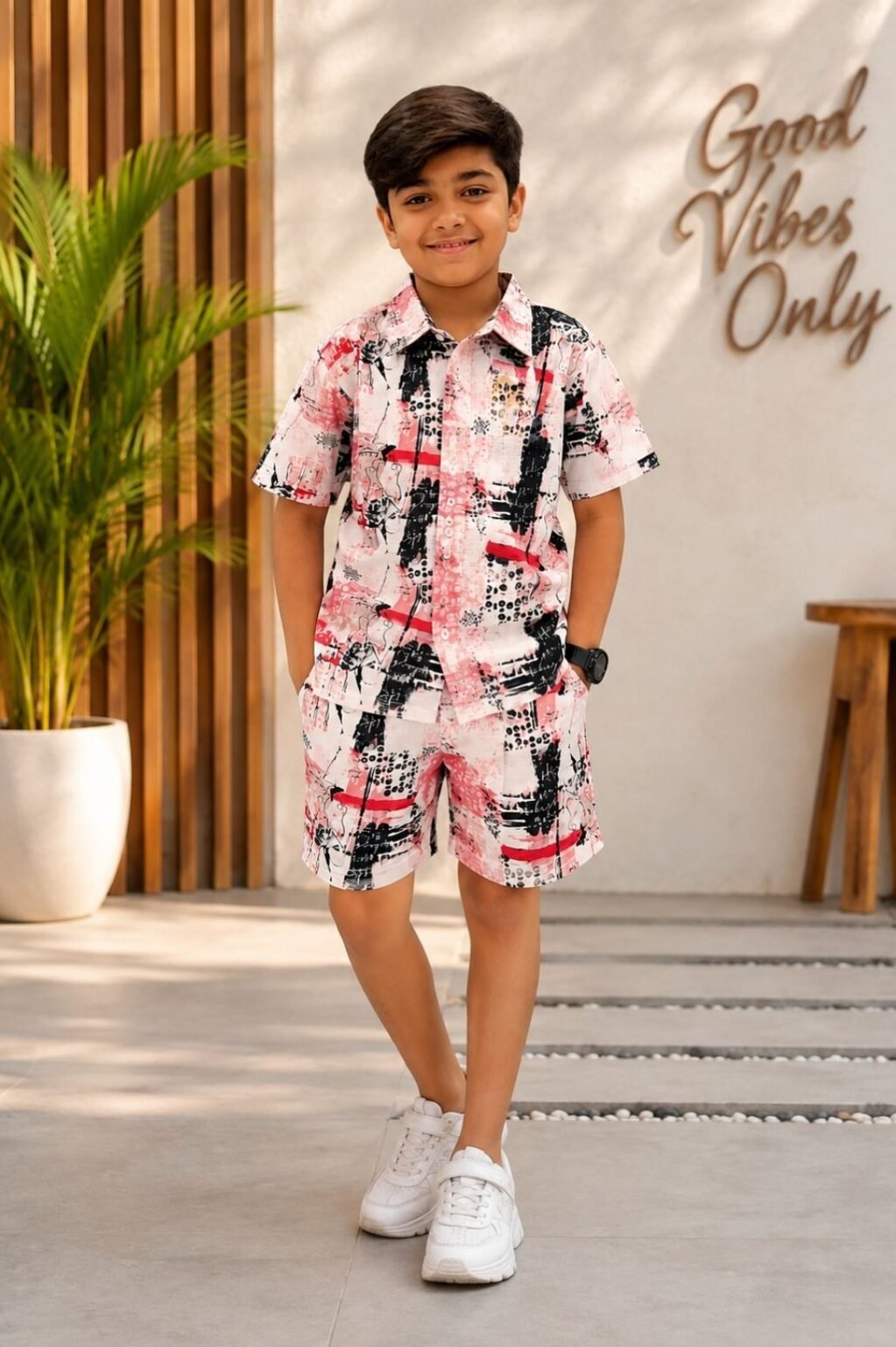 Boys Printed Shirt & Shorts Set (White & Red)