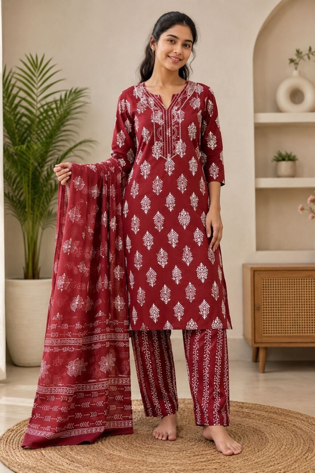 Girls Printed Kurta Set (Maroon)