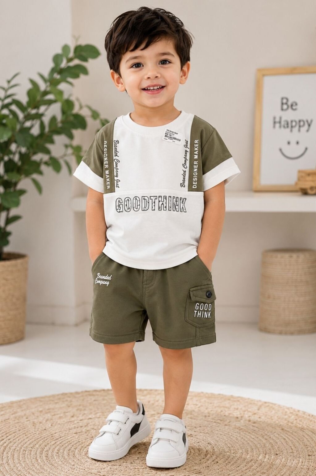 Boys Printed T-Shirt & Pants Set (White & Olive)