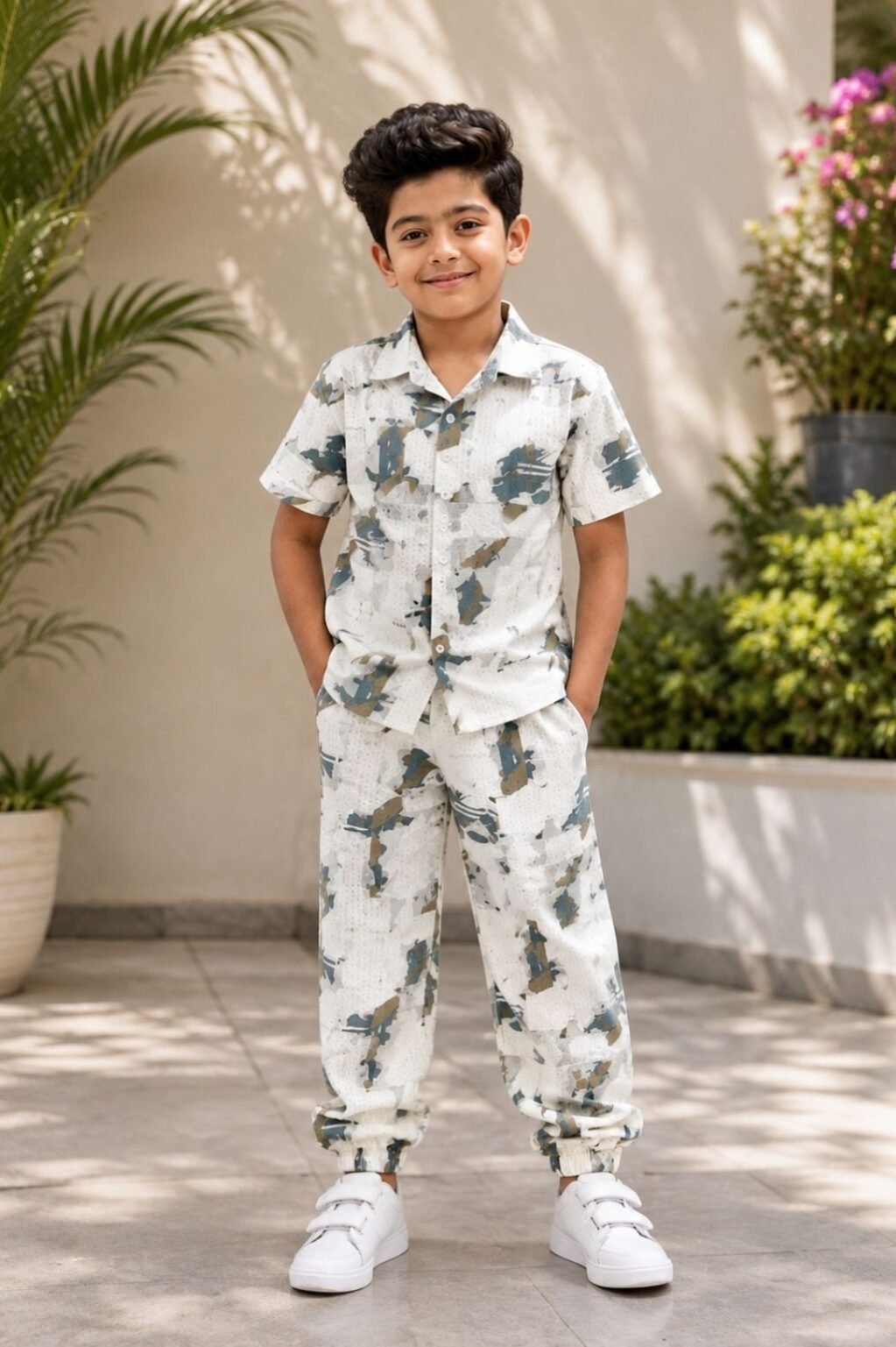 Boys Printed T-Shirt & Shorts Set (White & Grey)