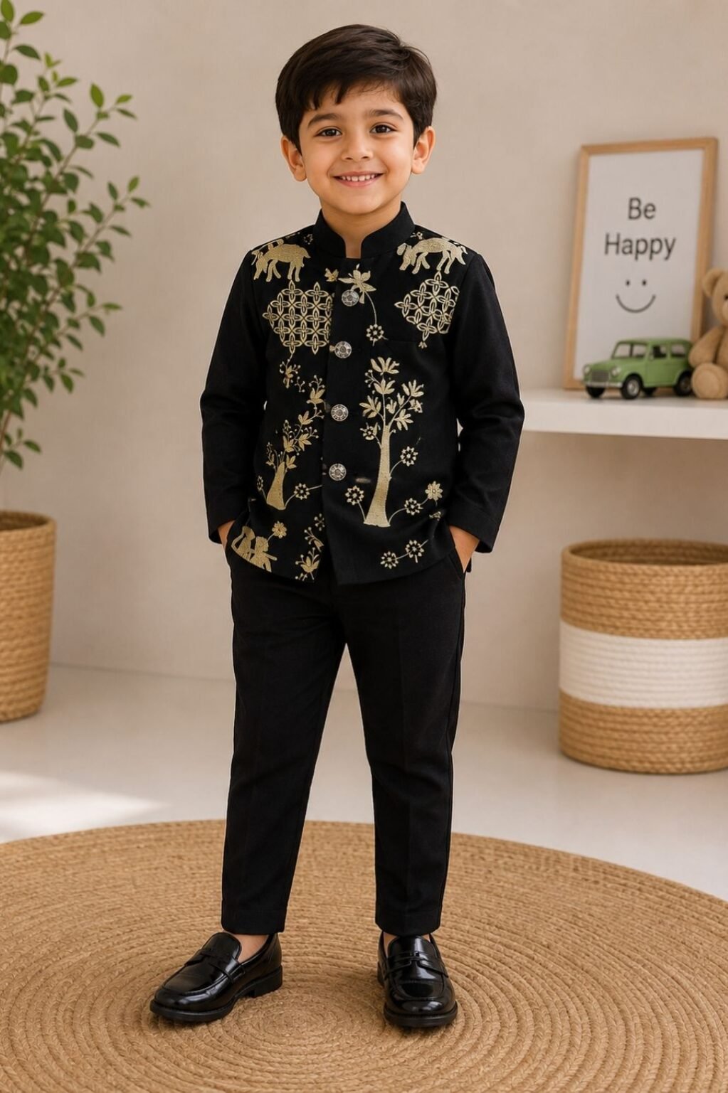 Boys Printed Shirt & Pants Set (Black)