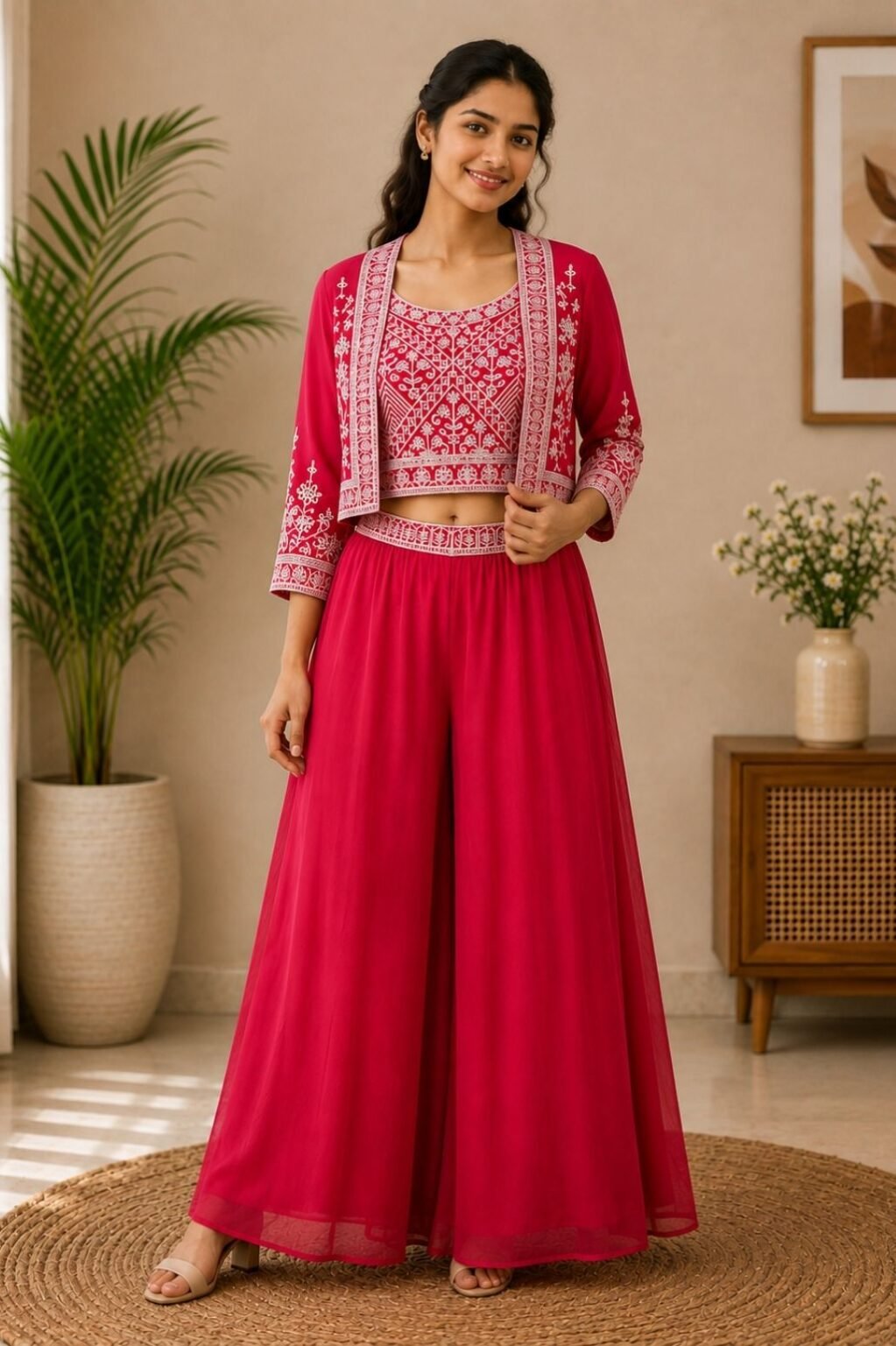 Girls Embroidered Anarkali Suit Set (Red)