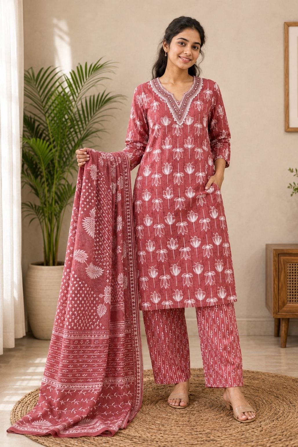 Girls Printed Kurta Set with Dupatta (Maroon)