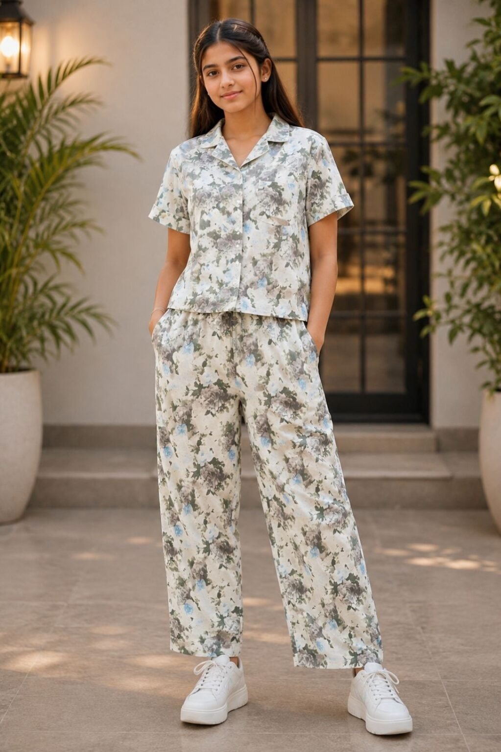 Girls Printed Shirt & Pants Set (White & Grey)