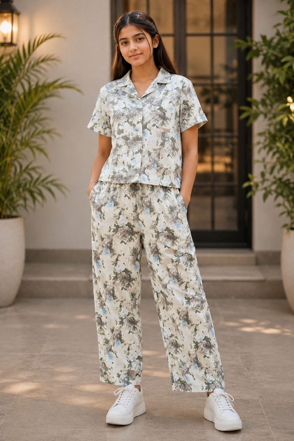 Girls Printed Shirt & Pants Set (White & Grey)