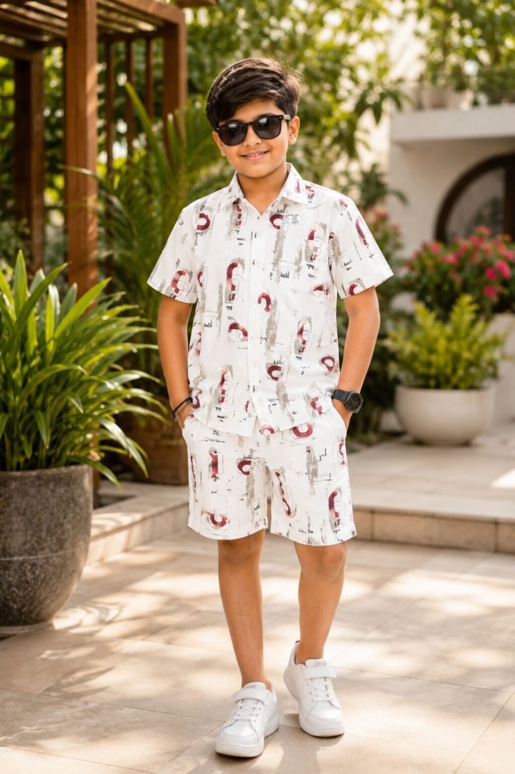 Boys Printed Shirt & Shorts Set (White & Multicolor)