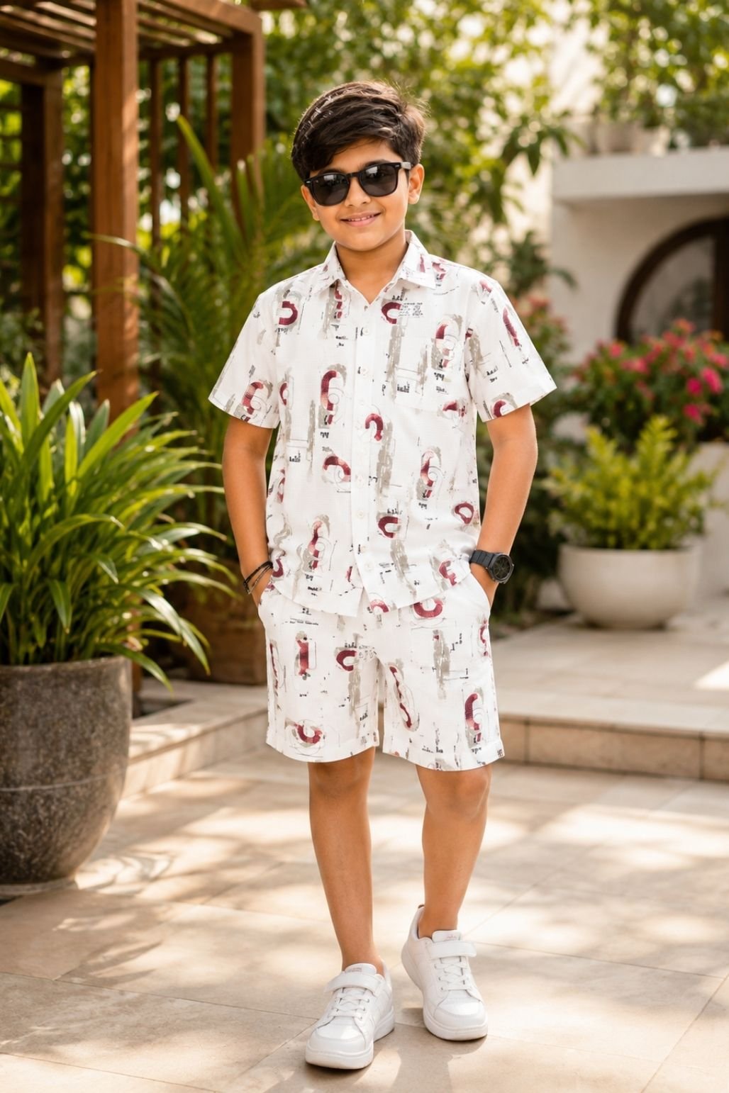 Boys Printed Shirt & Shorts Set (White & Multicolor)
