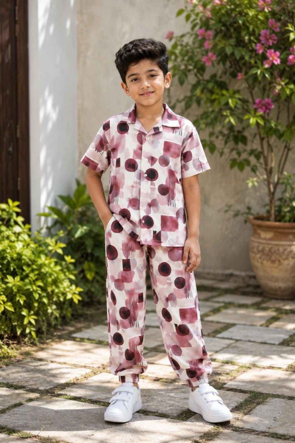Boys Printed T-Shirt & Shorts Set (White & Maroon)