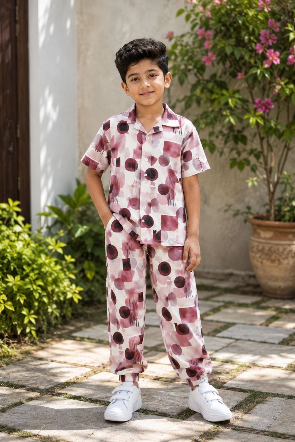 Boys Printed T-Shirt & Shorts Set (White & Maroon)