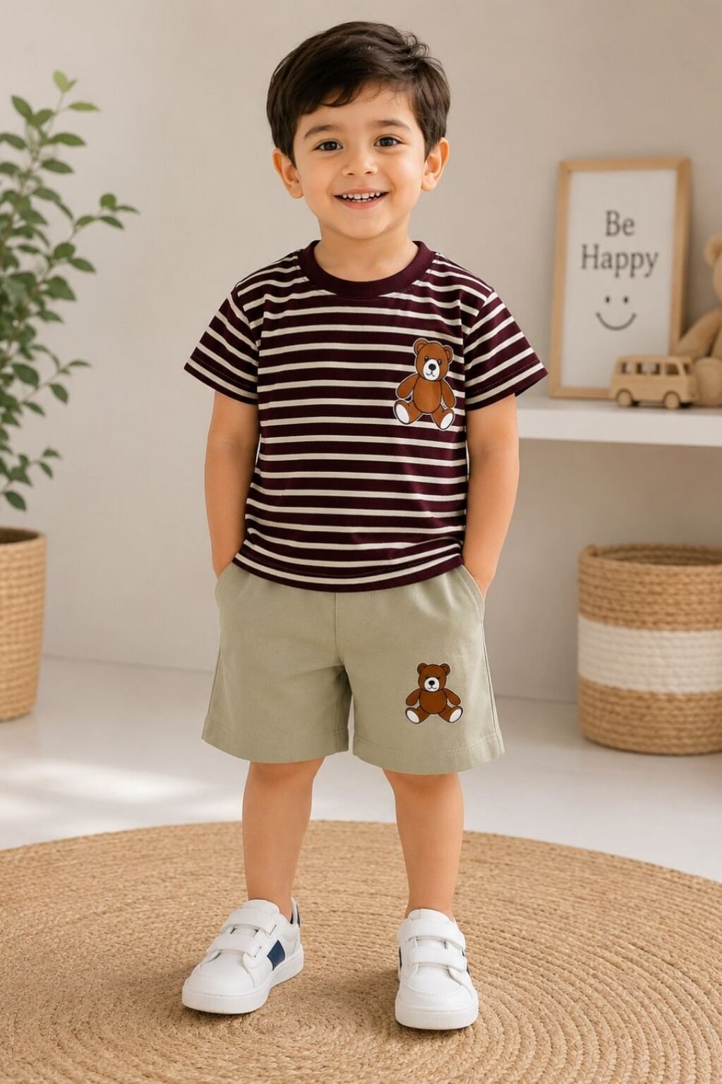 Boys Striped T-Shirt & Shorts Set (Brown & Beige)