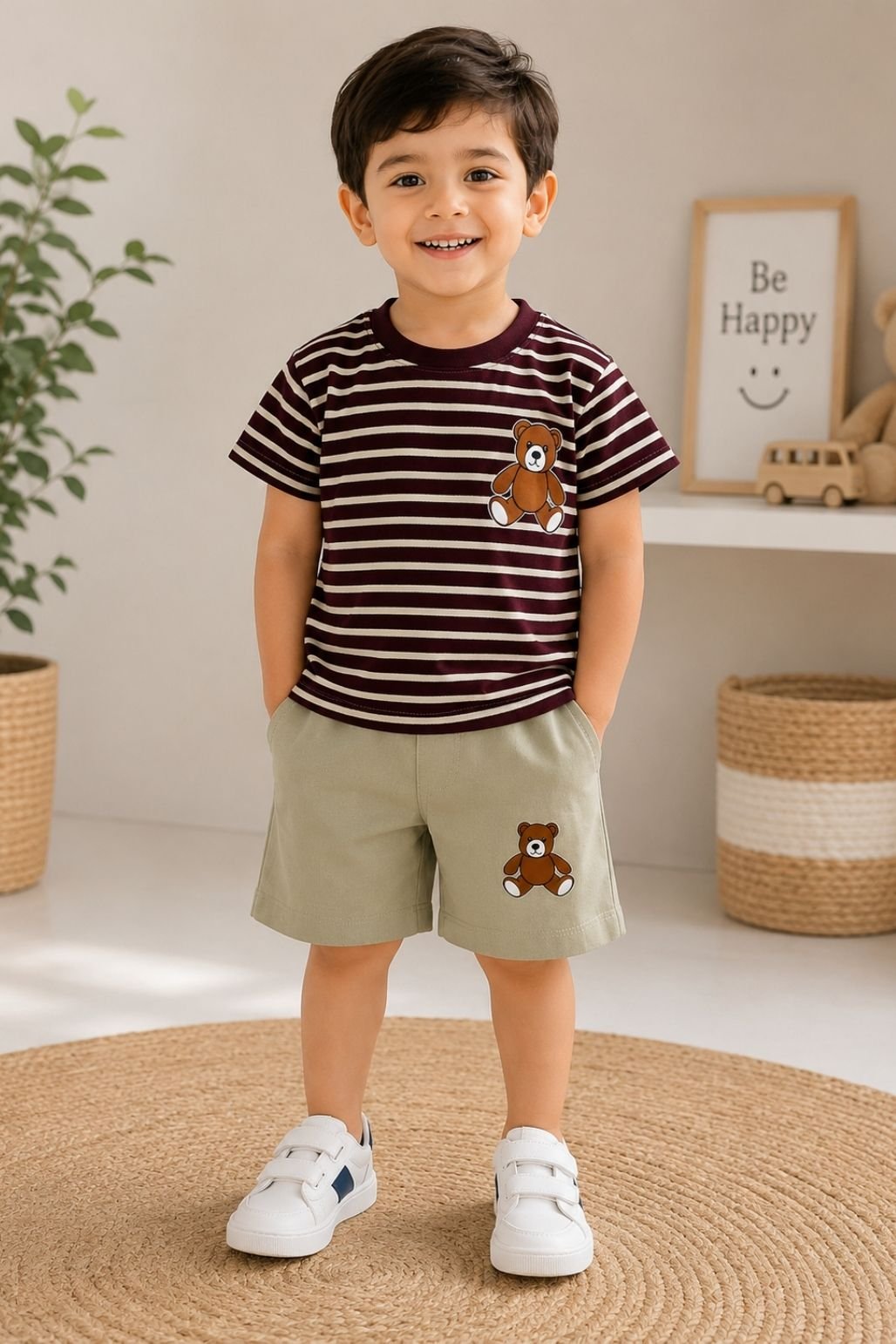 Boys Striped T-Shirt & Shorts Set (Brown & Beige)