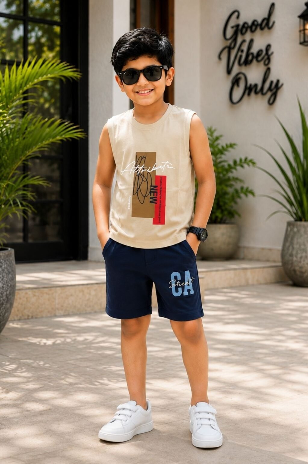Boys Graphic Sleeveless T-Shirt & Shorts Set (White & Navy)