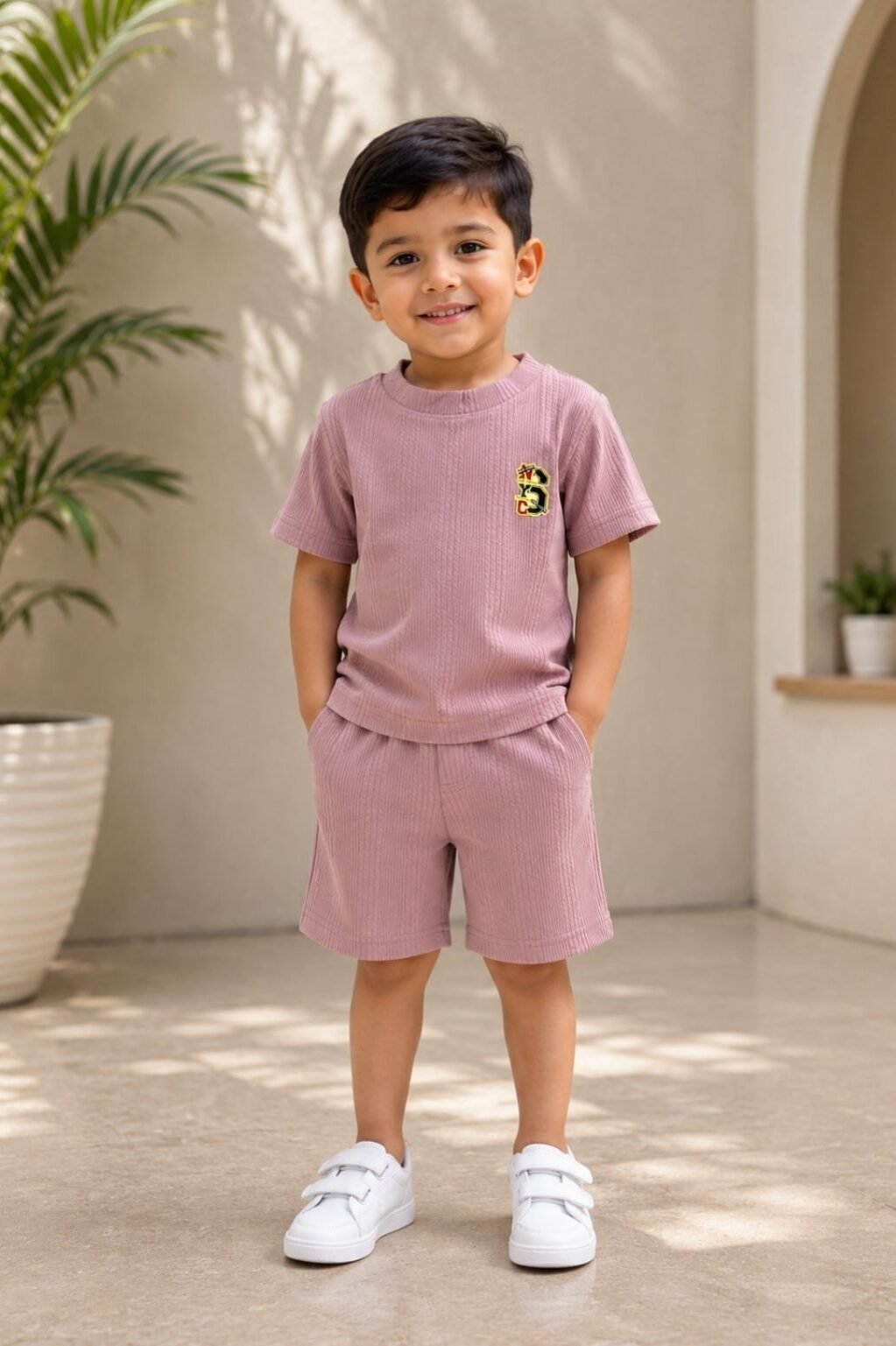 Boys Solid T-Shirt & Shorts Set (Pink)
