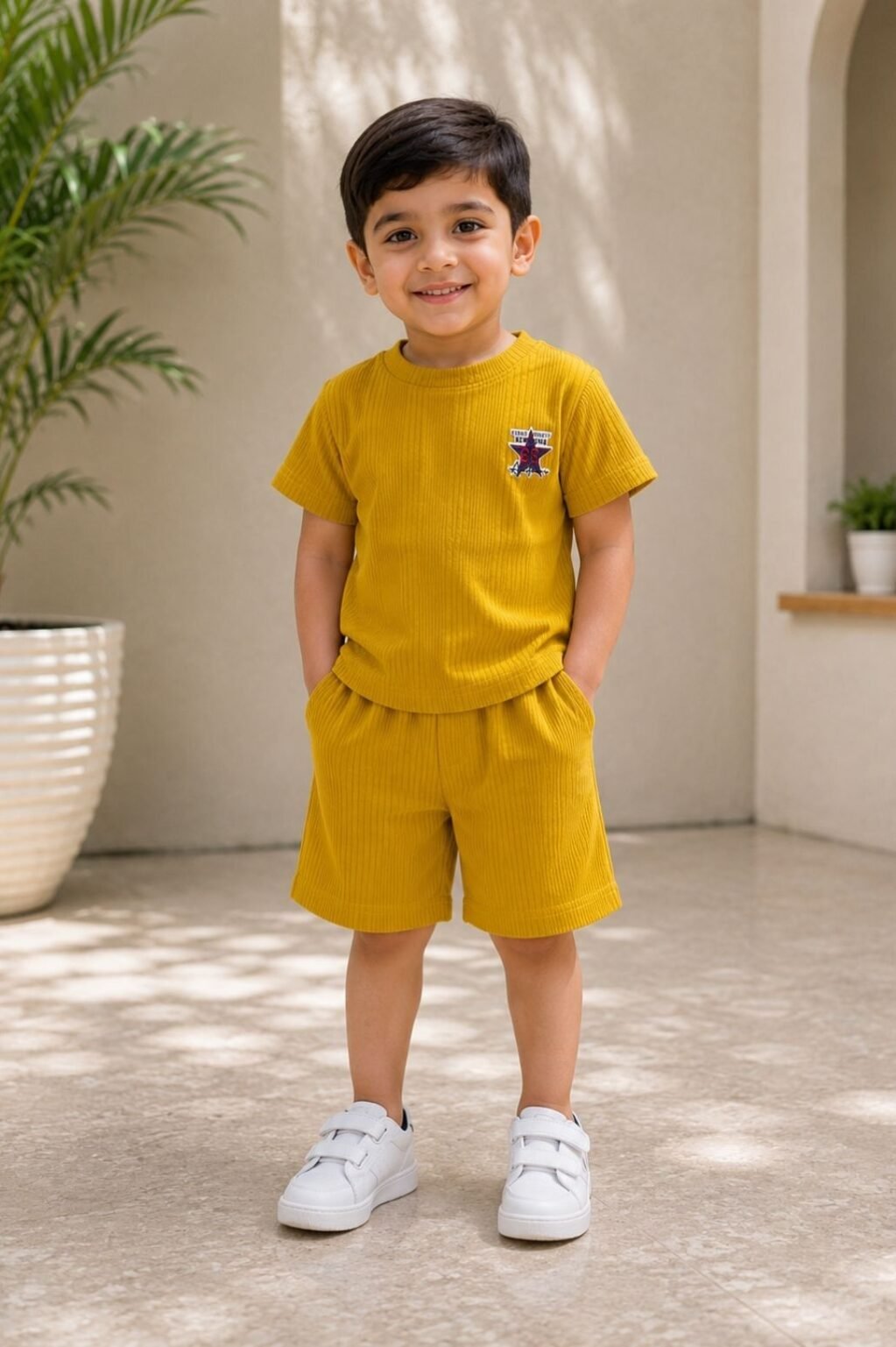 Boys Solid T-Shirt & Shorts Set (Mustard Yellow)