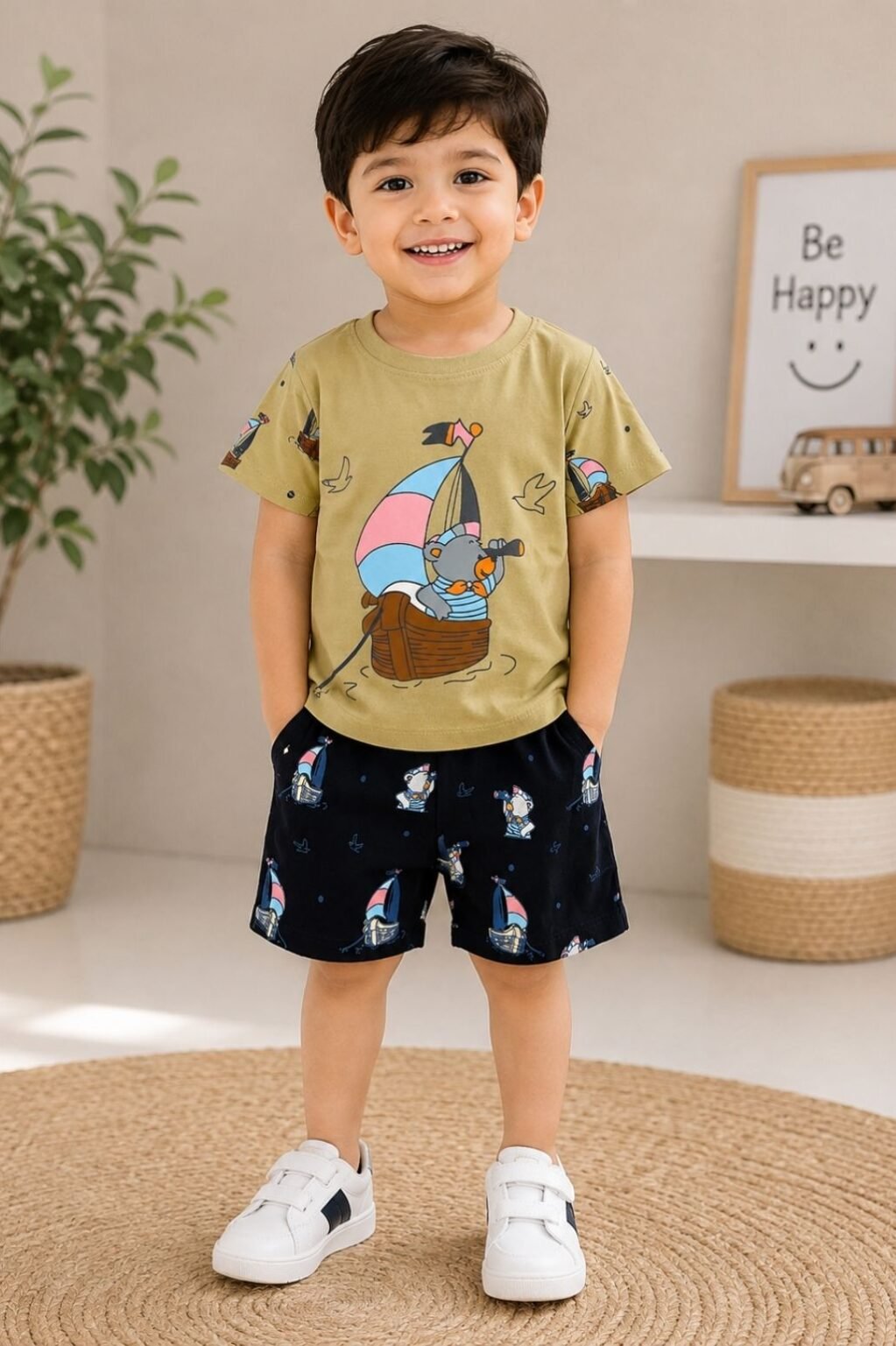 Boys Graphic T-Shirt & Printed Shorts Set (Yellow & Navy)