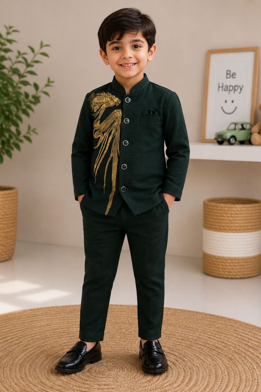 Boys Printed Full Sleeve Shirt & Pants Set (Black & Green)