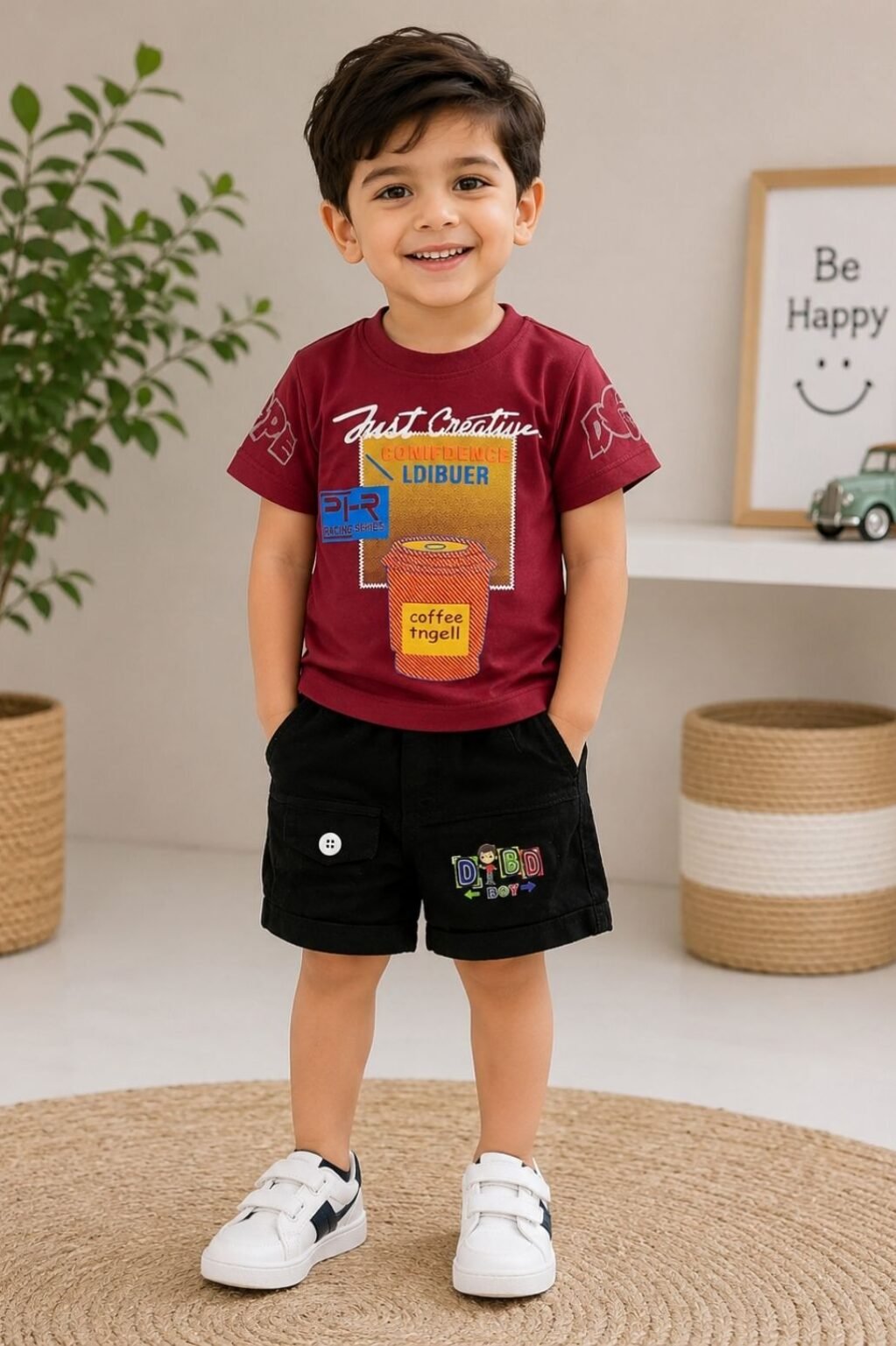 Boys Graphic T-Shirt & Shorts Set (Maroon & Black)