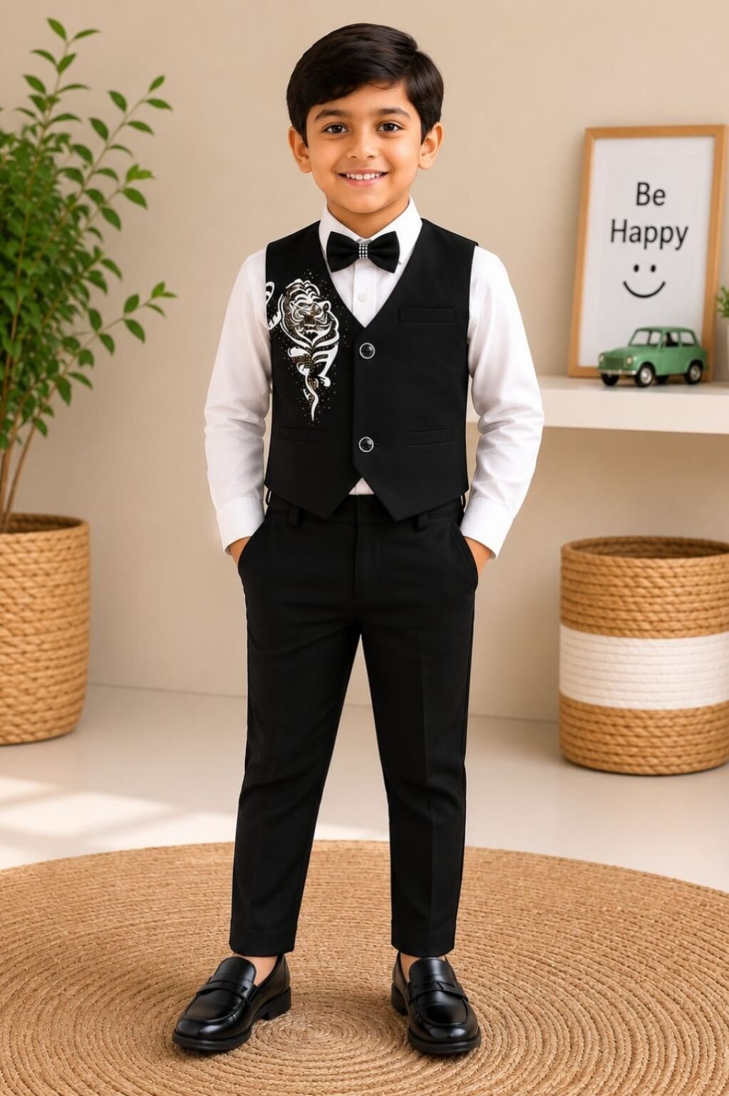 Boys Formal Waistcoat Suit Set (Black & White)