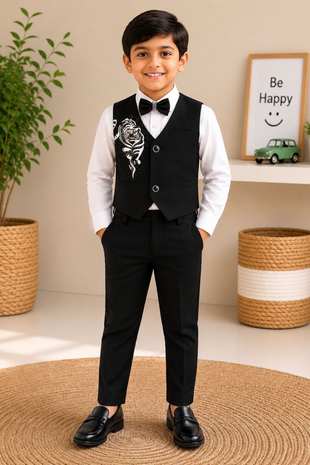 Boys Formal Waistcoat Suit Set (Black & White)