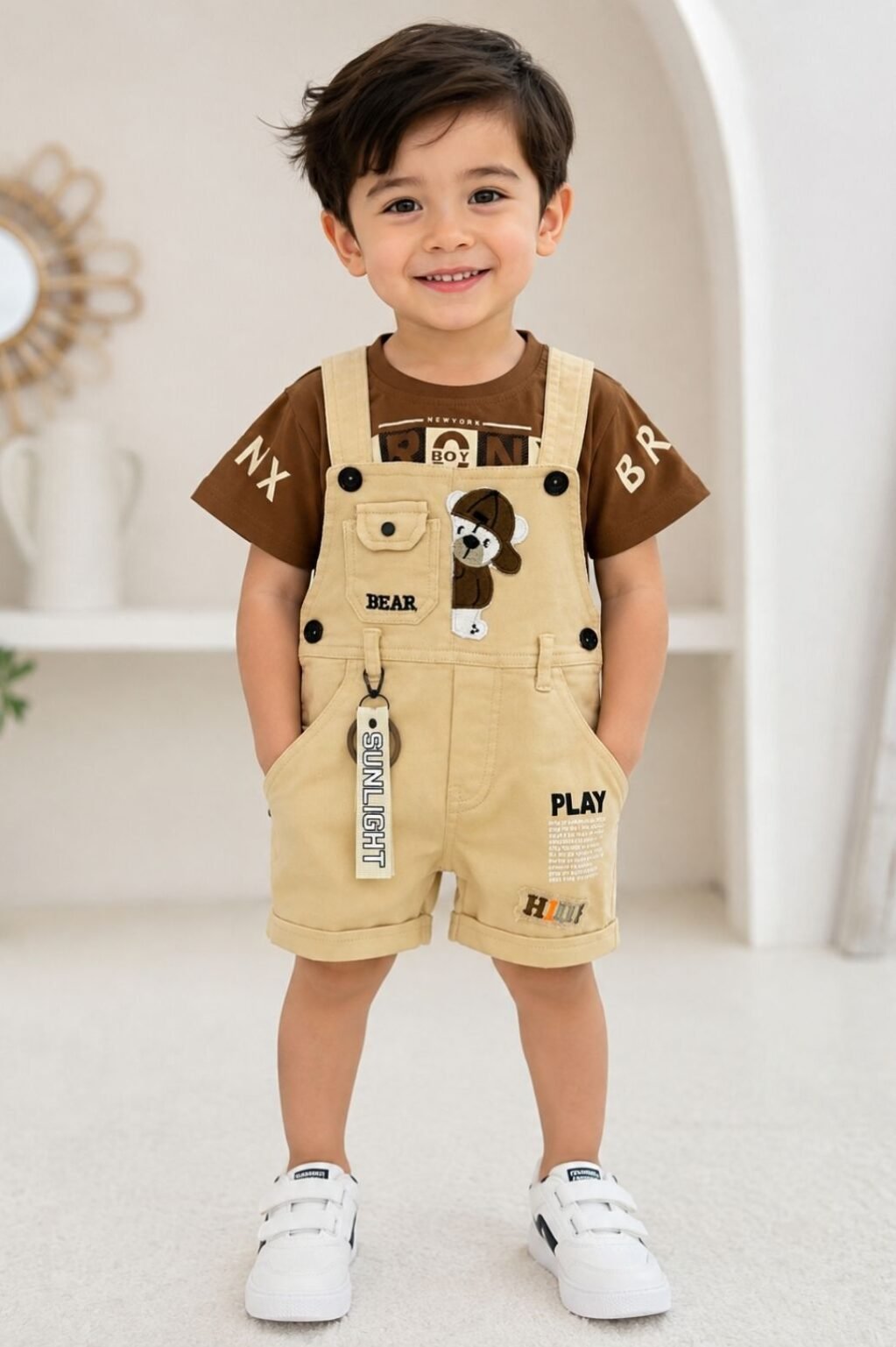 Boys Printed Dungaree & T-Shirt Set (Brown)
