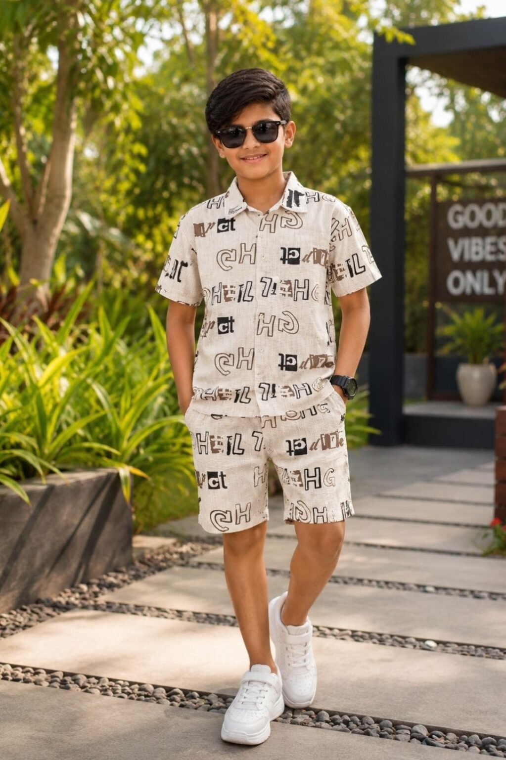 Boys Printed Shirt & Shorts Set (White)