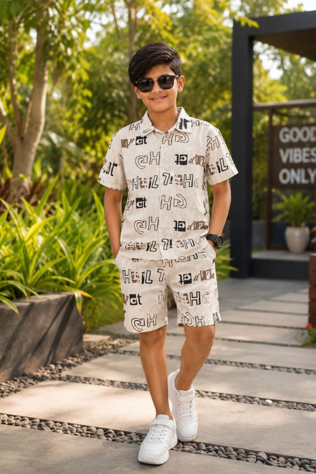 Boys Printed Shirt & Shorts Set (White)