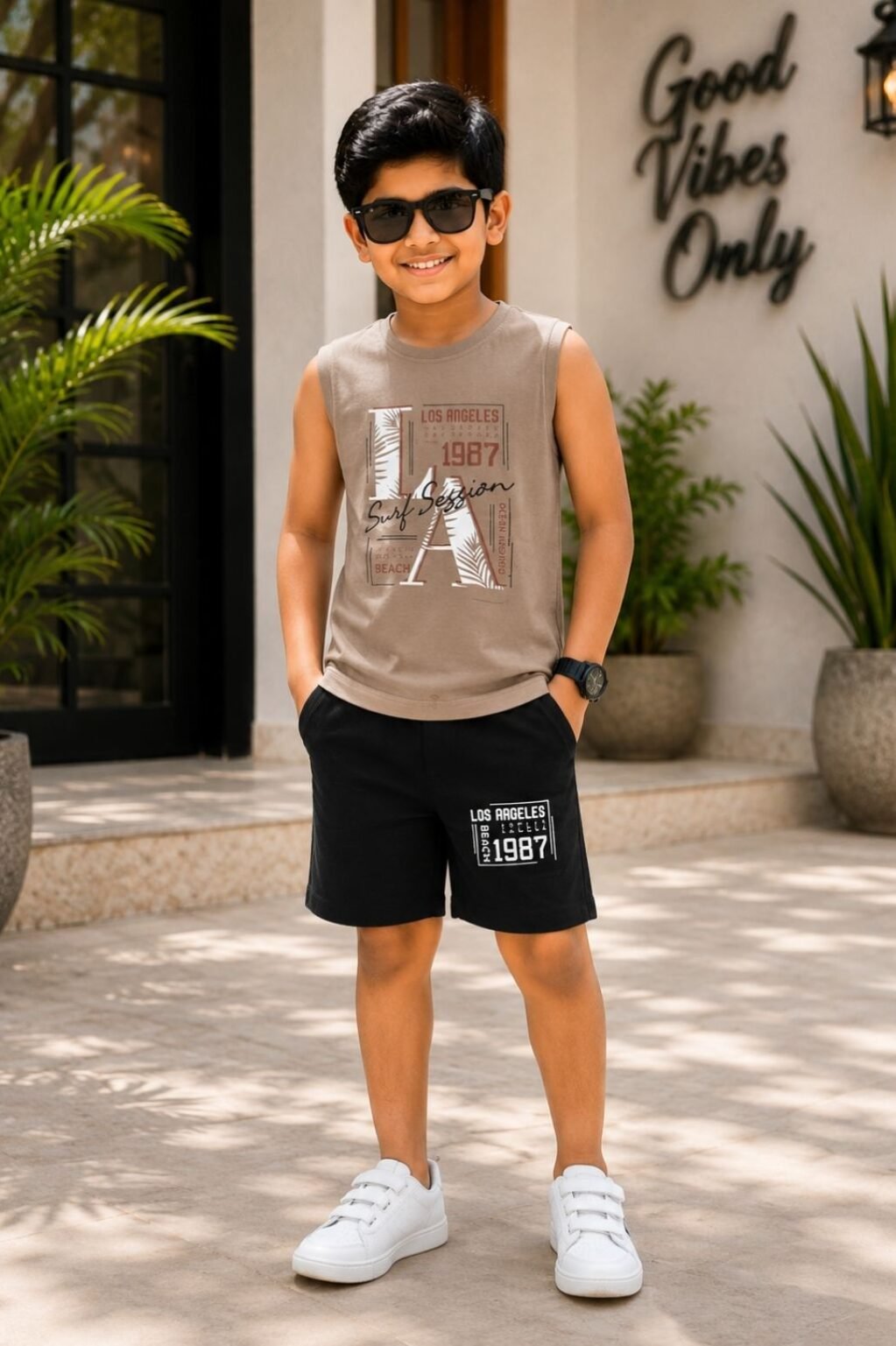 Boys Graphic Sleeveless T-Shirt & Shorts Set (Brown & Black)