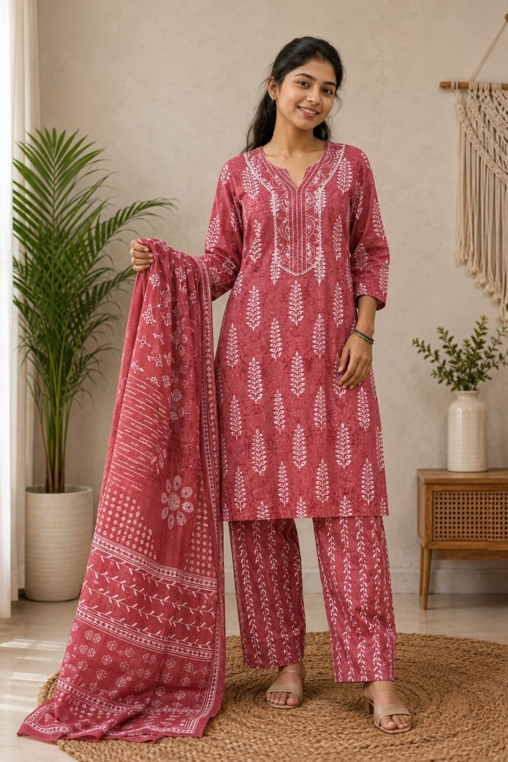 Girls Printed Kurta Set (Pink)