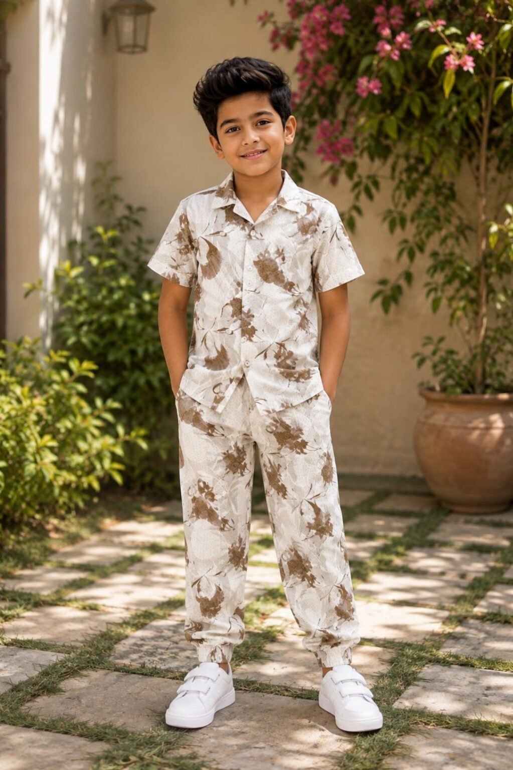 Boys Printed Shirt & Shorts Set (White & Grey)