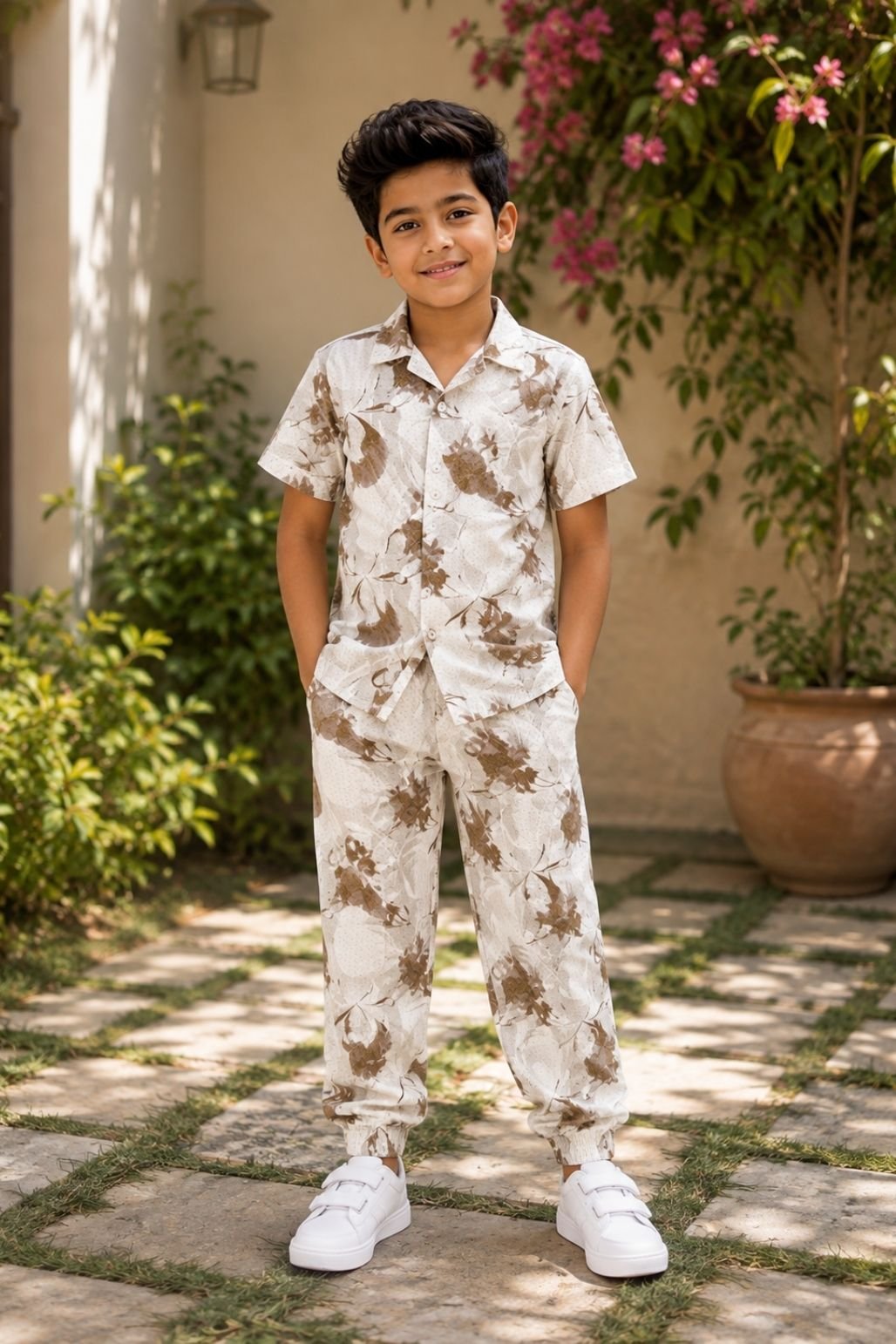 Boys Printed Shirt & Shorts Set (White & Grey)