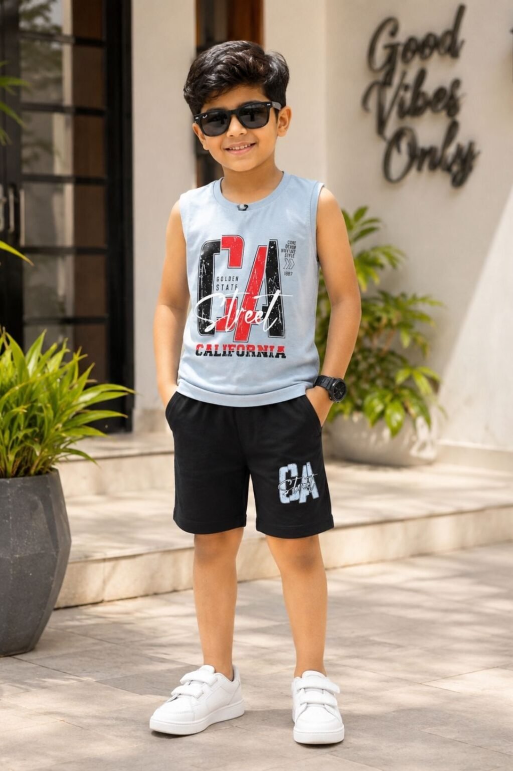 Boys Graphic Sleeveless T-Shirt & Shorts Set (Grey & Black)