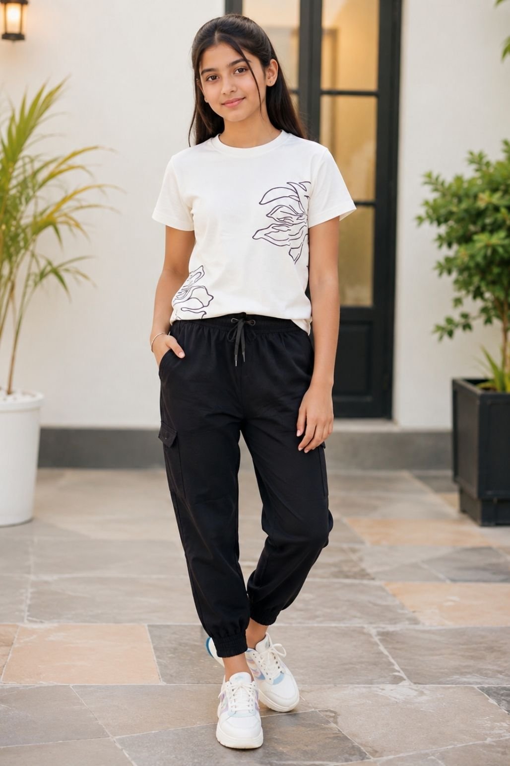 Women’s Graphic T-Shirt & Black Pants Set (White & Black)