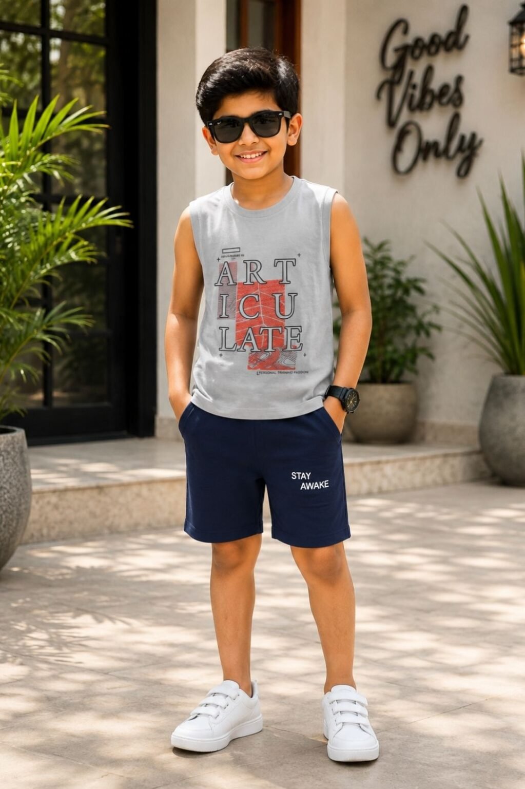 Boys Graphic T-Shirt & Shorts Set (Grey & Navy)