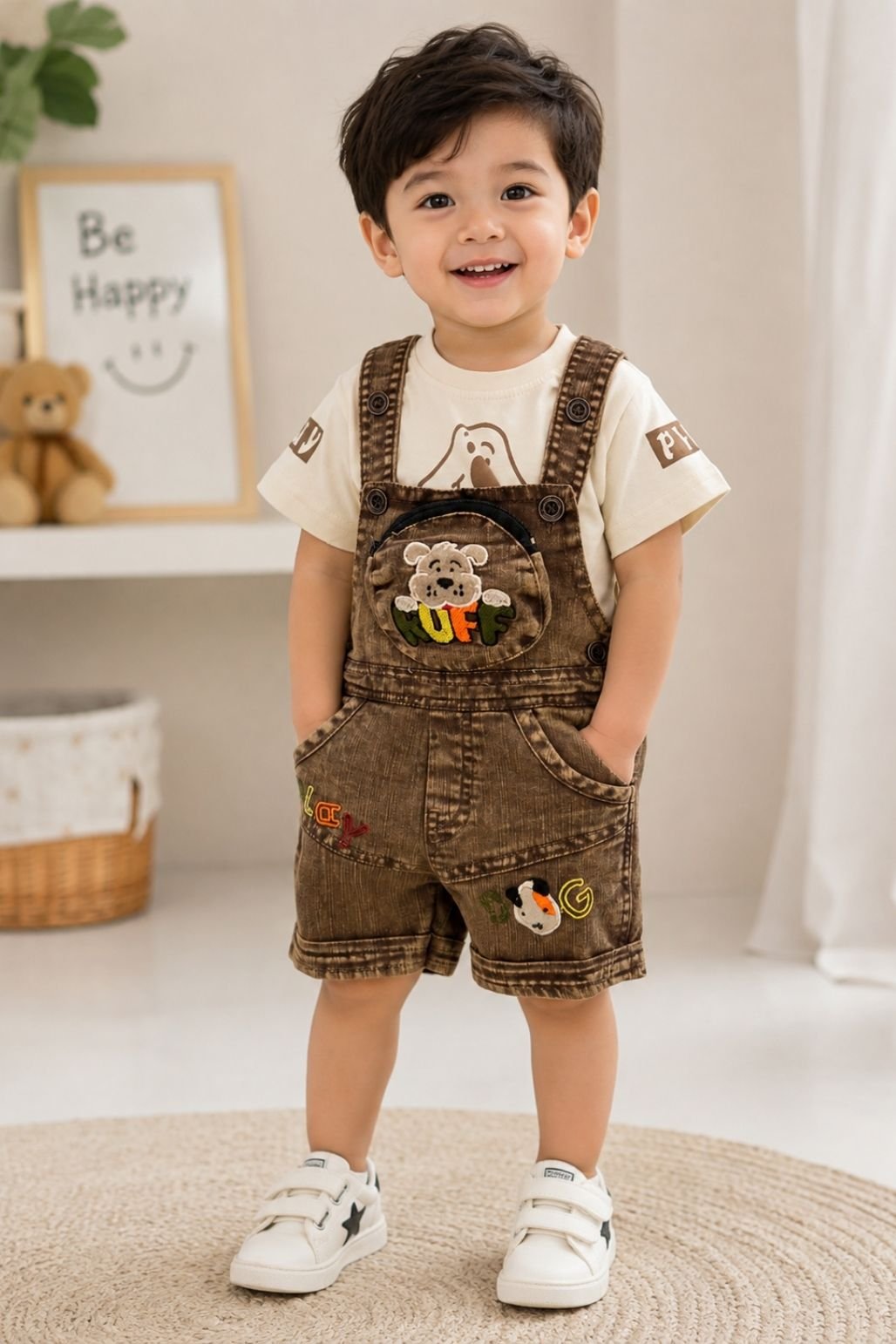 Boys Printed Dungaree & T-Shirt Set (Brown & White)