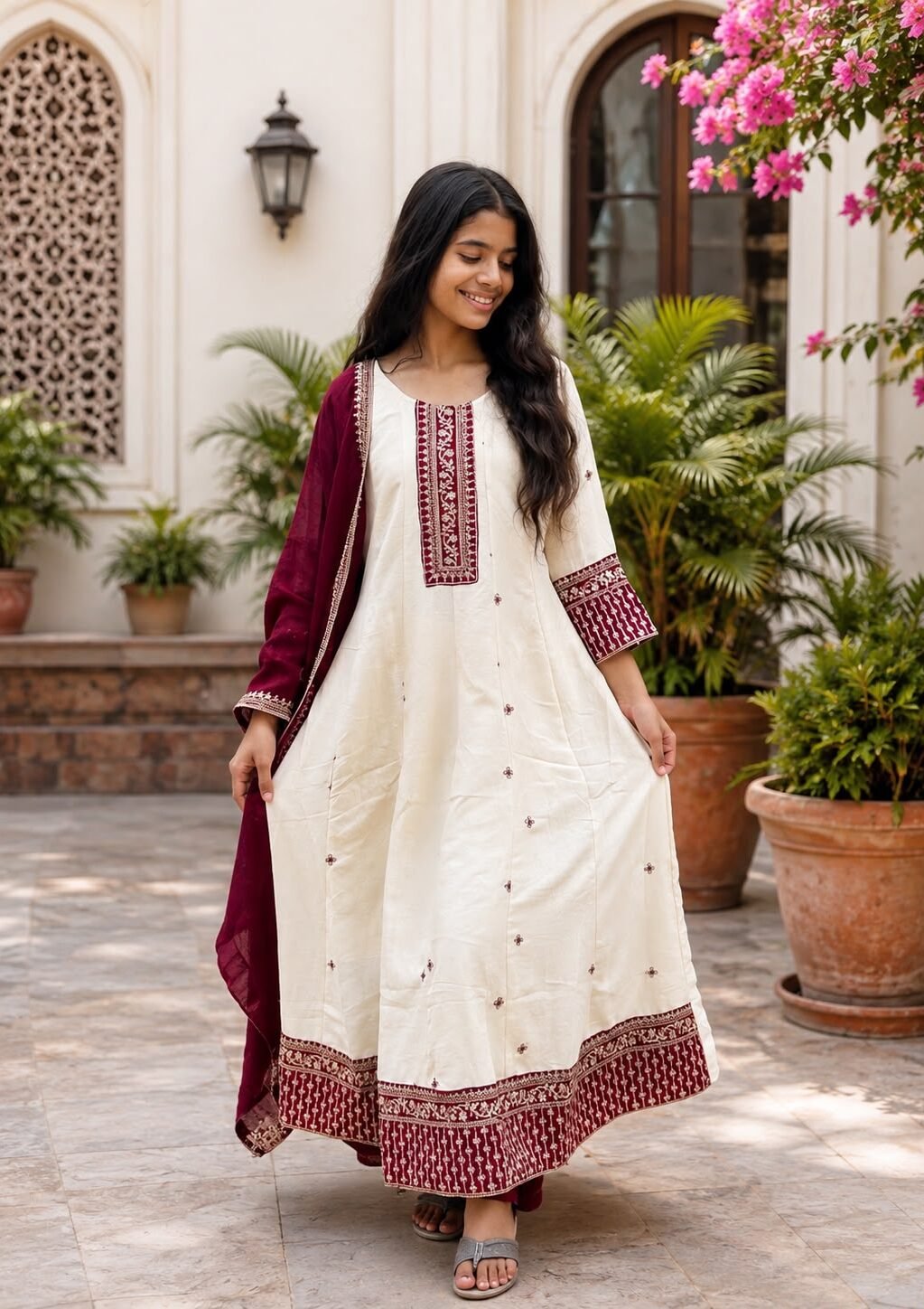 Embroied Round kurti set (Maroon)