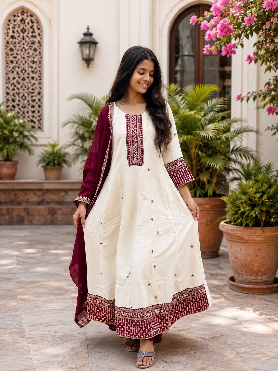 Embroied Round kurti set (Maroon)